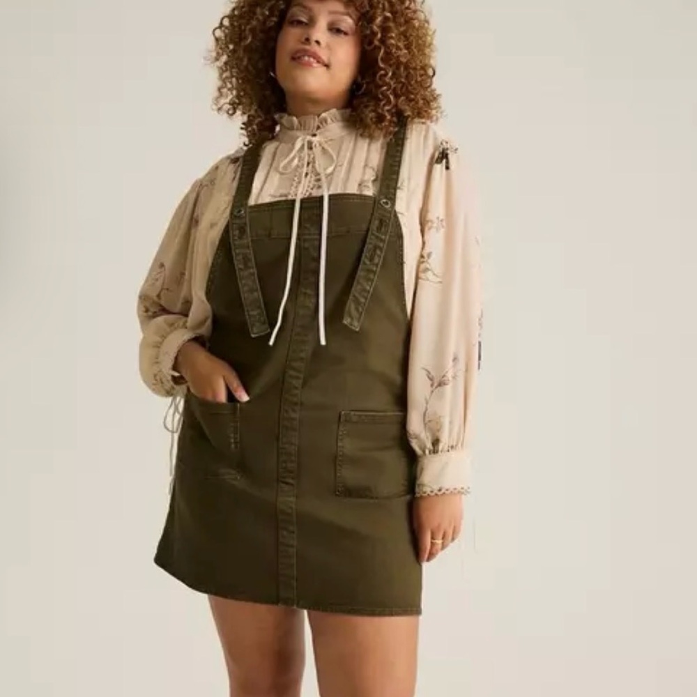 Torrid Olive Green Denim Pinafore Overall Mini Dress Large NWT Boho Campus Ready